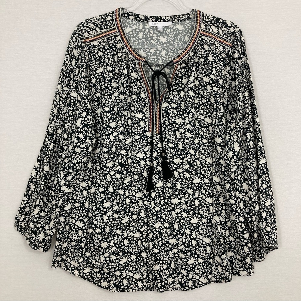 DR2 Black White Floral Embroidered Detail Tie Front Ultra Soft Comfy Blouse‎ XL